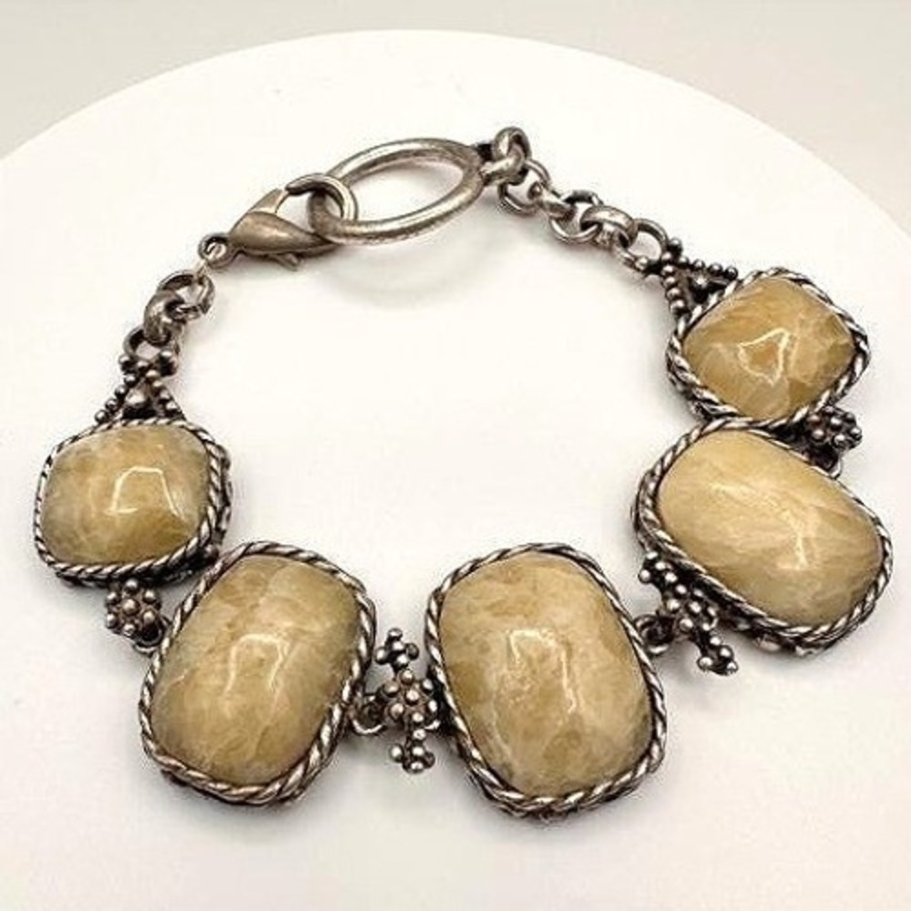 Vintage‎ Silver Tone 90s Statement Link Bracelet Simulated Yellow Quartz Chunky